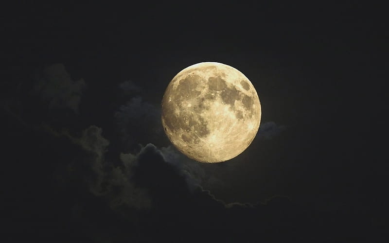 Moon, night, earth satellite, full moon, clouds, HD wallpaper