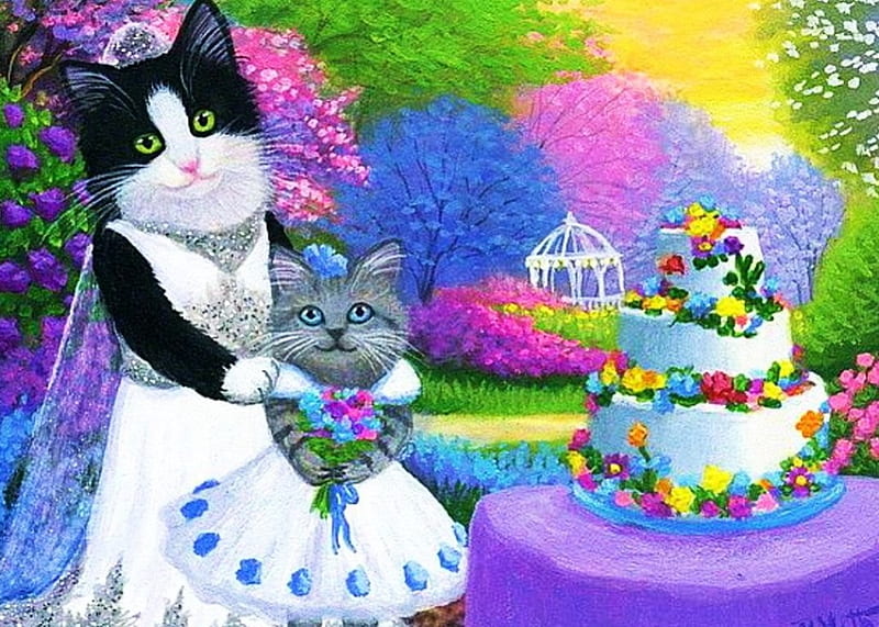 Garden Wedding, cake, table, kitty, painting, colors, cat, gazebo, artwork, HD wallpaper