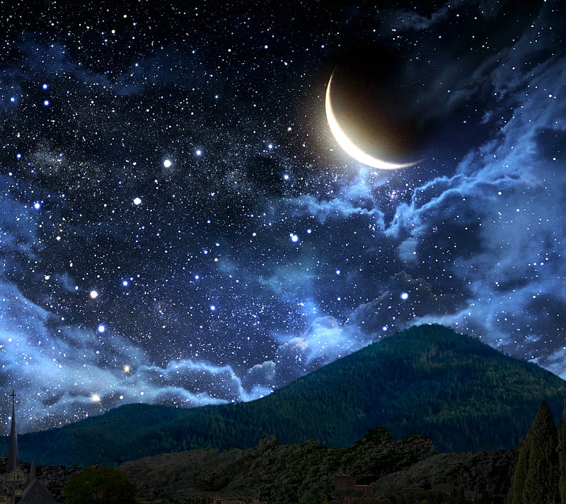 Beautiful Sky moon, mountain, HD wallpaper