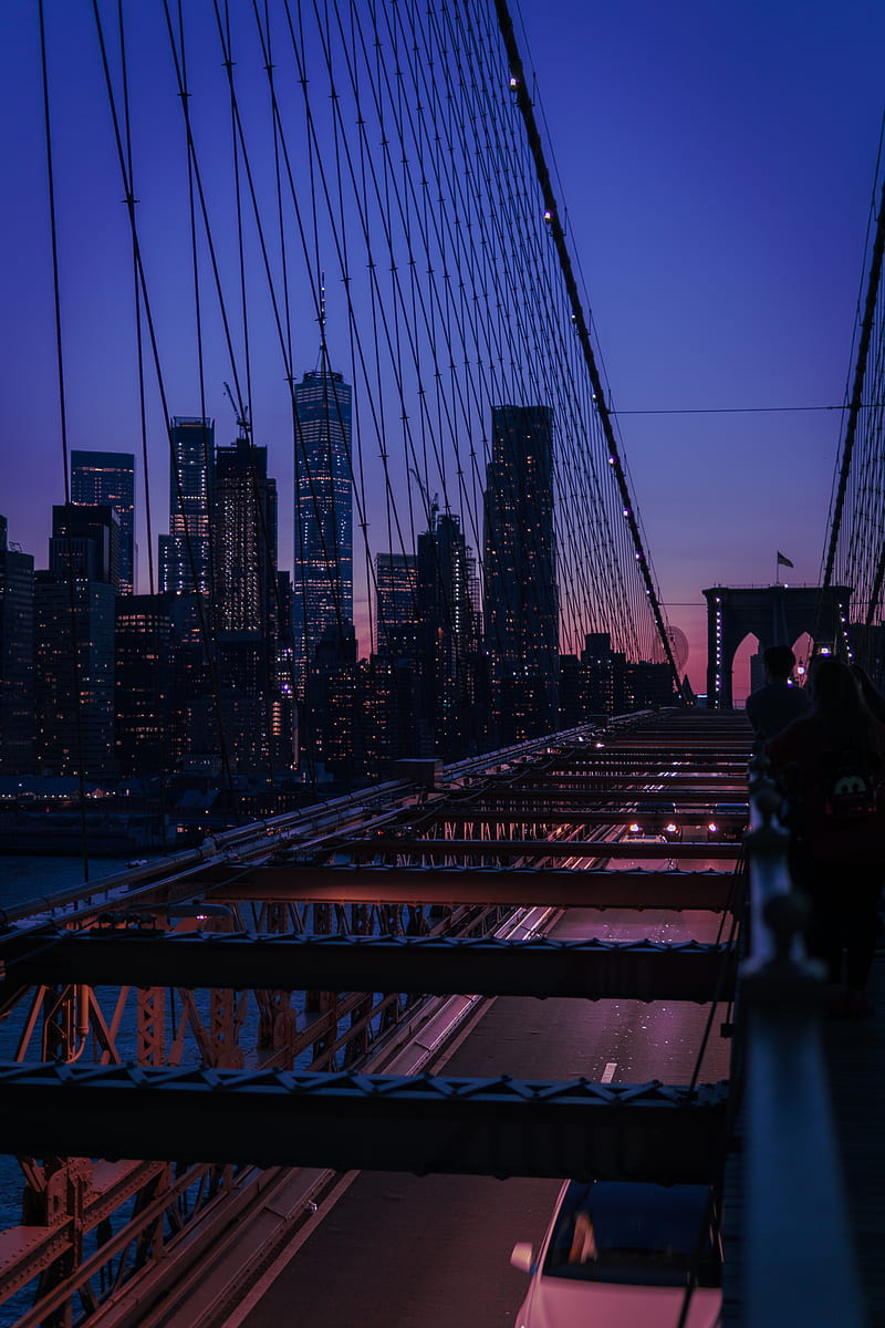 bridge, city, twilight, buildings, skyscrapers, view, overview, HD phone wallpaper