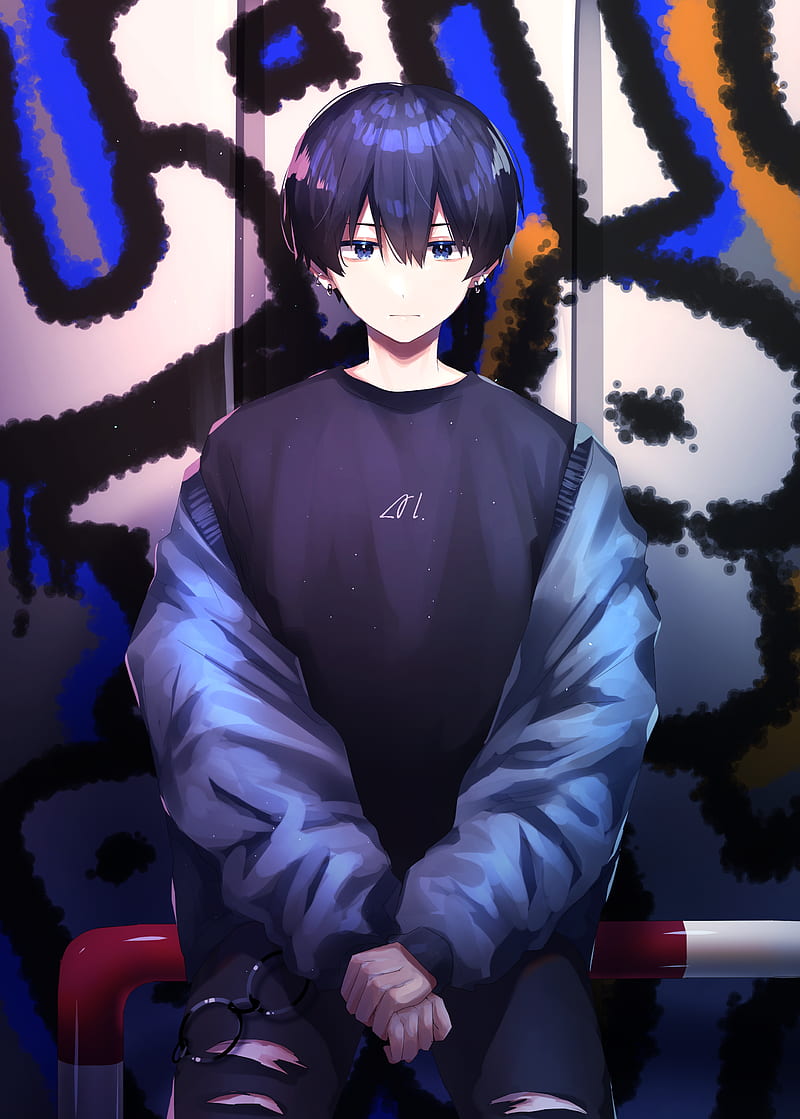 Male, sitting, anime, torn jeans, earring, blue hair, blue eyes, anime boys, HD phone wallpaper