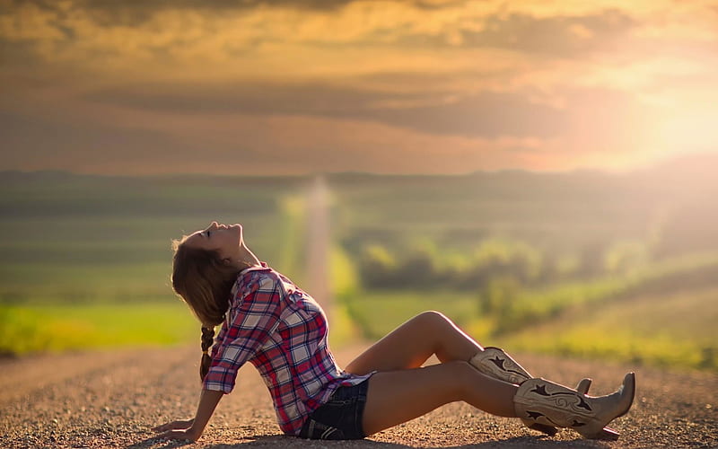Cowgirl Basking in the Sunshine, Plains, Clean Air, Sunlight, Boots, Checkered Shirt, Road, Cowgirl, Trees, Clouds, Shorts, HD wallpaper