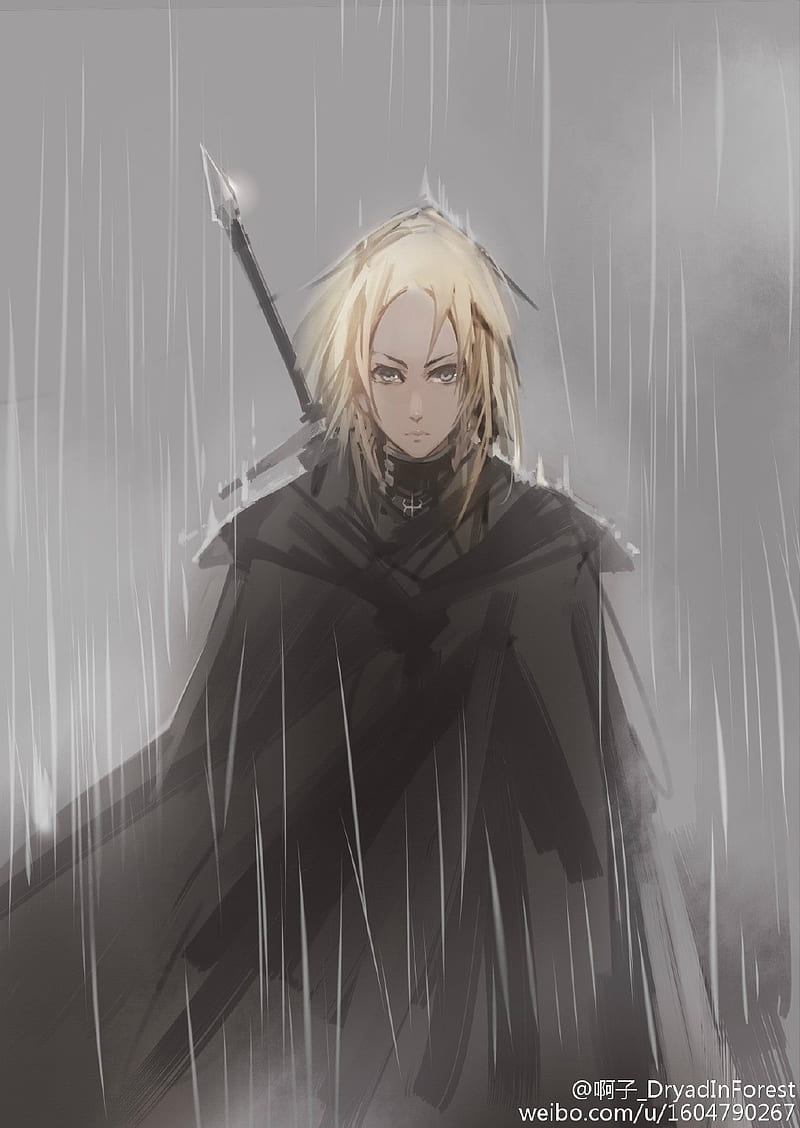 Claymore (anime), anime girls, women with swords, female warrior, rain, long hair, blond hair, ponytail, Miria (Claymore), looking at viewer, 2D, gray eyes, vertical, fan art, doodle, HD phone wallpaper