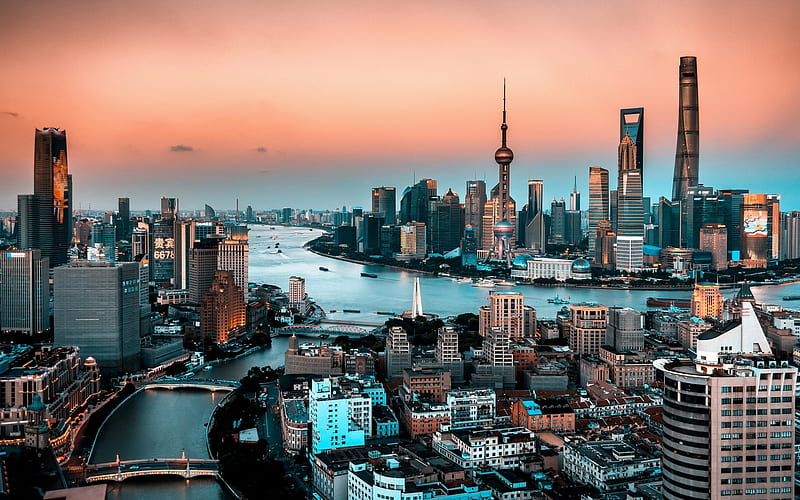 Shanghai, Oriental Pearl Tower, evening, sunset, skyscrapers, city panorama, China, financial center, HD wallpaper