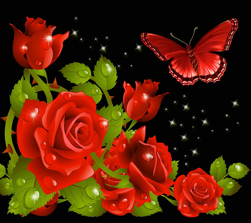 Red Roses, sparkle, red, butterfly, flowers, desenho, drops, roses, floral, HD wallpaper