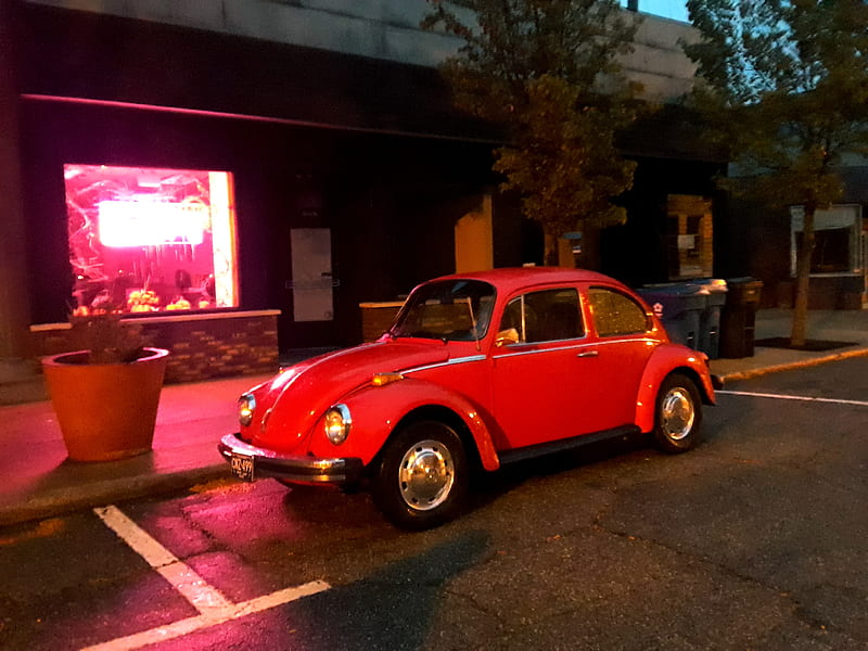 Red slug bug, car, neon light, rainy day, classic, HD wallpaper