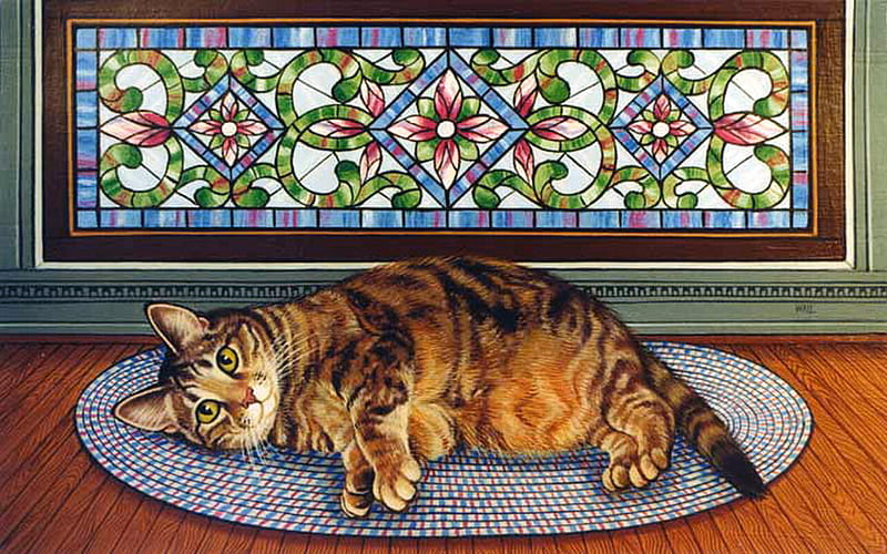 Lily - Cat F1, sue wall, rug, art, stained glass, tiger, cat, wall, artwork, animal, pet, feline, painting, wide screen, HD wallpaper