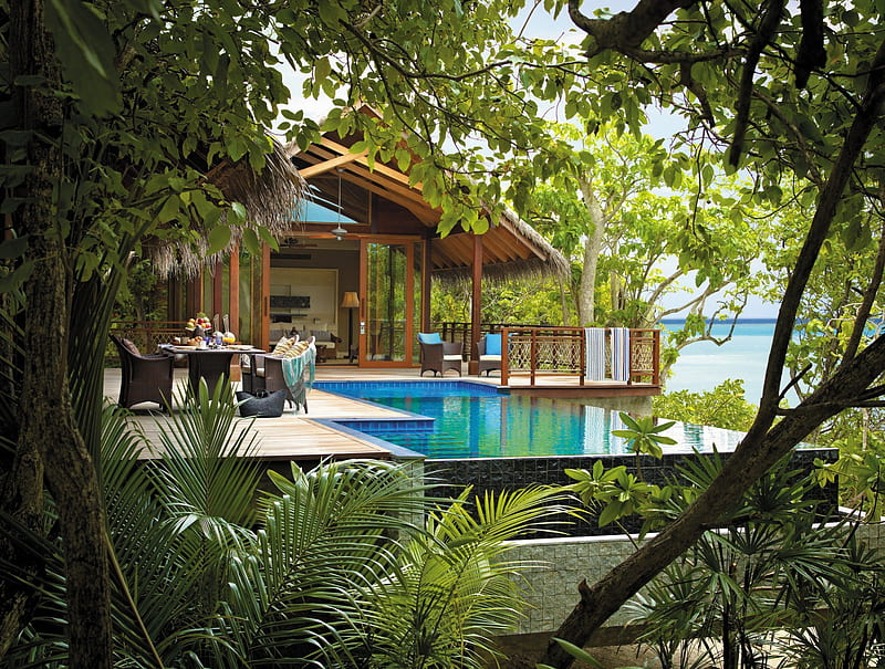 Beach Villa Hideaway, polynesia, islands, hut, exotic, view, ocean, swimming pool, pacific, villa, sea, beach, sand, paradise, island, tropical, luxury, HD wallpaper