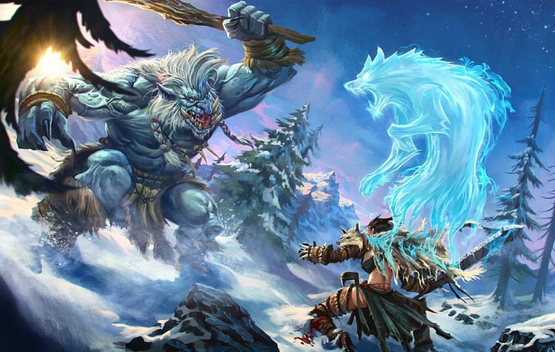Man VS Snowtroll, man, totem spirit, wolf, winter, HD wallpaper