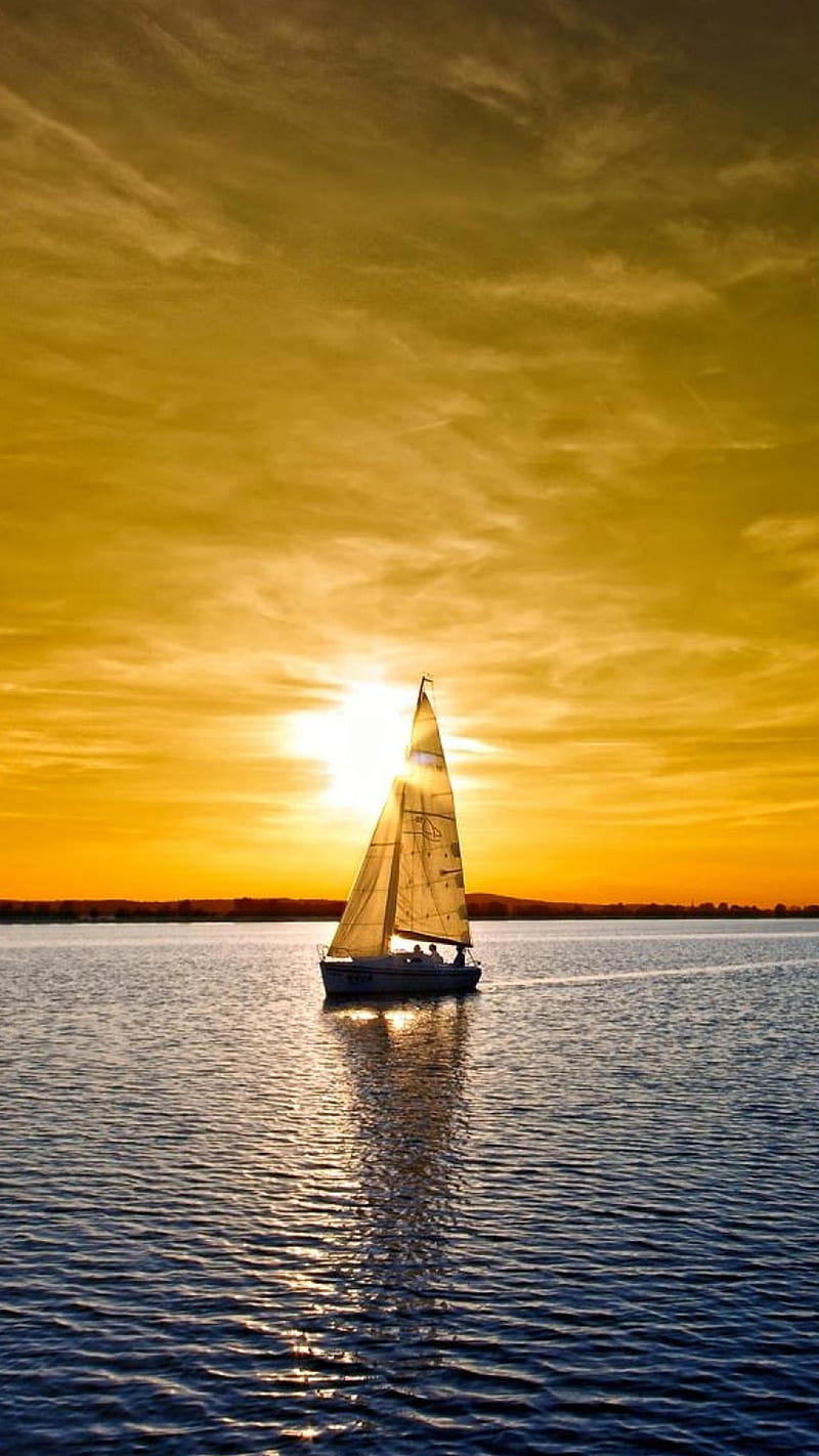 Sunset , sailboat, sea, sky, dark, yellow, HD phone wallpaper