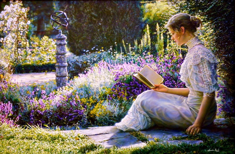 Garden Reader, painting, summer, flowers, blossoms, woman, artwork, sculpture, HD wallpaper