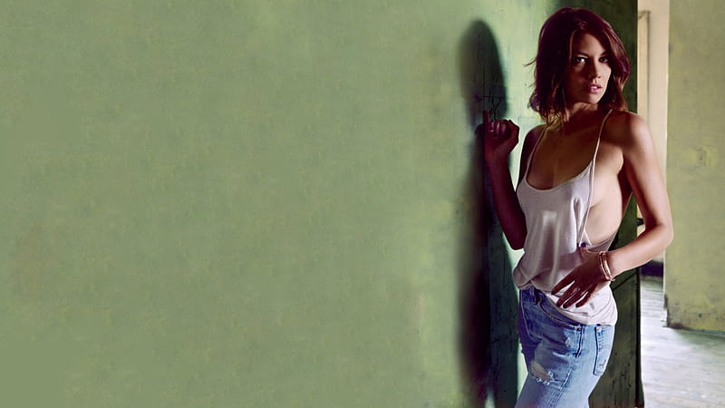Lauren Cohan, brunettes, green, jeans, actress, HD wallpaper