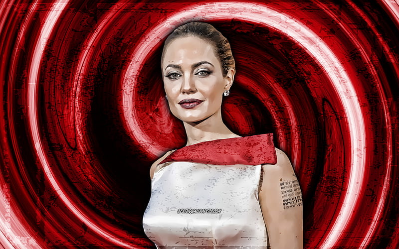 Angelina Jolie, red grunge background, american actress, movie stars, vortex, Angelina Jolie Pitt, Angelina Jolie, HD wallpaper