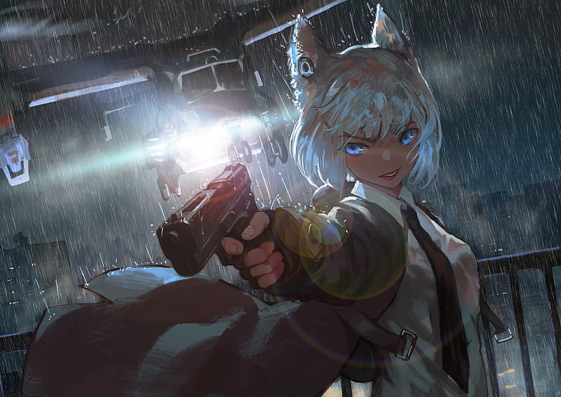 anime girl, gun, aircraft, raining, animal ears, scenic, white short hair, necktie, Anime, HD wallpaper