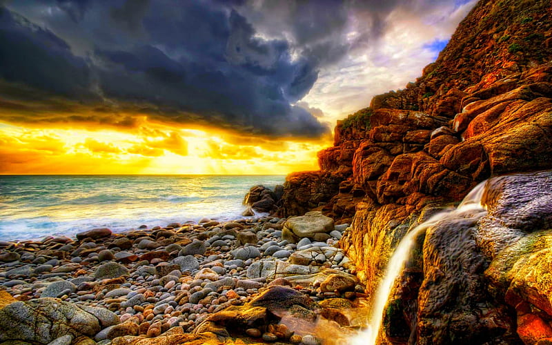 BEACH HORIZON, CLOUDS, BEACH, ROCK, STONES, r, SKY, SUNSET, FALLS, HD ...