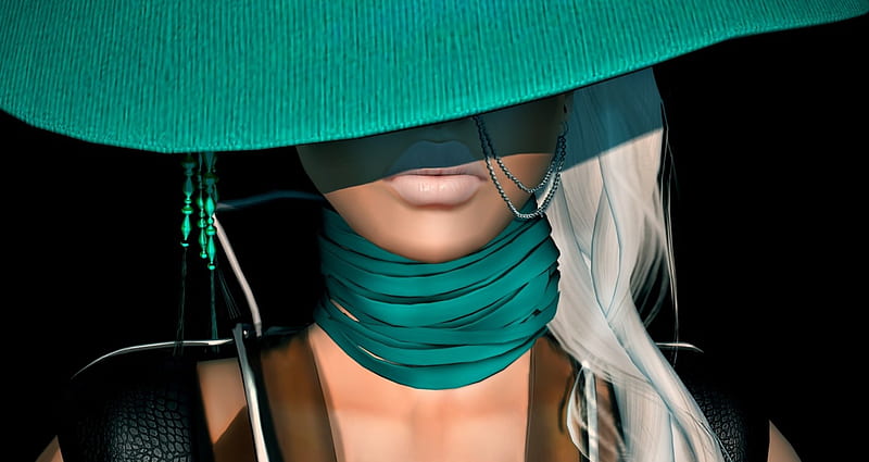 Fantasy girl, green, girl, black, scarf, rendering, blonde, woman, hat, HD wallpaper