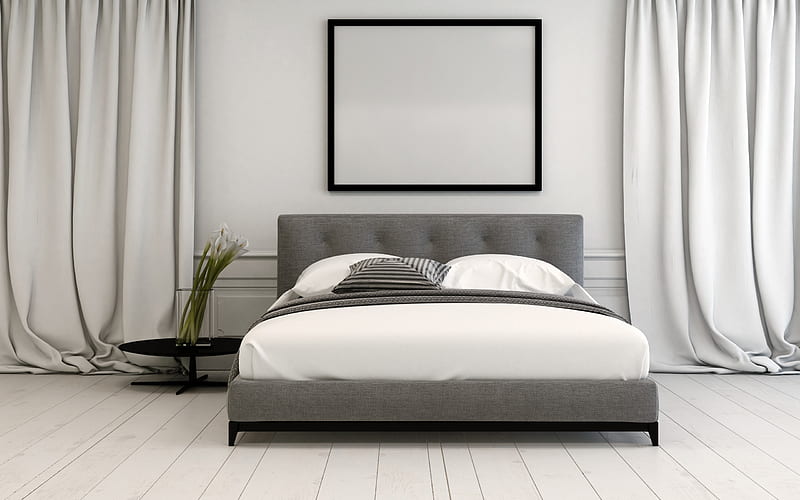 white gray stylish bedroom, modern interior design, project, bedroom, modern interior, HD wallpaper