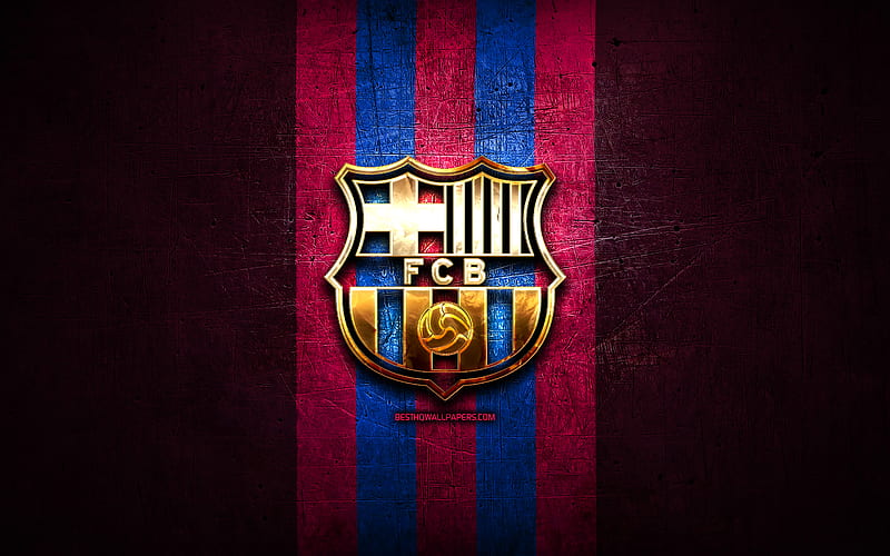 FC Barcelona, golden logo, La Liga, purple metal background, football, Barcelona FC, spanish football club, FC Barcelona logo, soccer, FCB, LaLiga, Spain, HD wallpaper