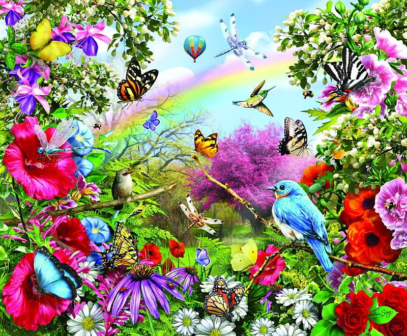 Bluebird Lookout, birds, puzzle, butterflies, blue, HD wallpaper