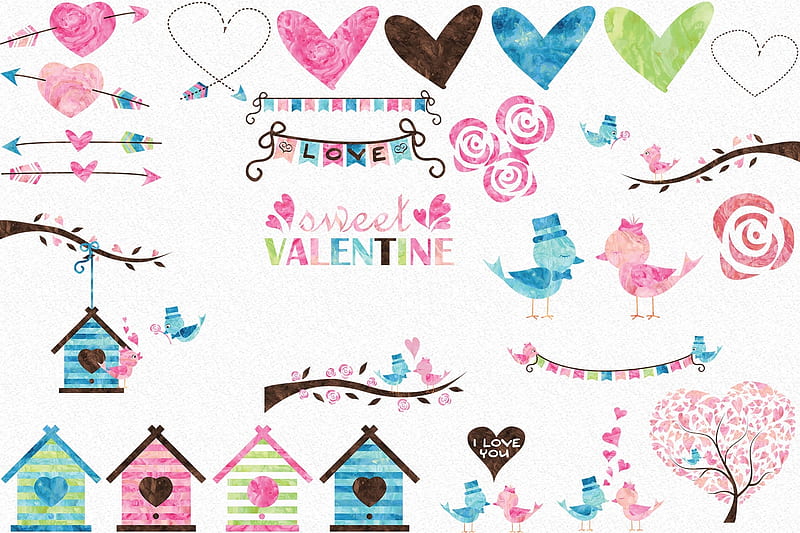 Valentine's patterns, house, bird, heart, texture, spring, valentine, card, pattern, paper, watercolor, HD wallpaper