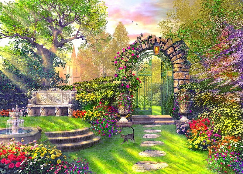 Garden Gates, architecture, fountains, houses, love four seasons, bonito, attractions in dreams, trees, gates, flowers, gardens, HD wallpaper