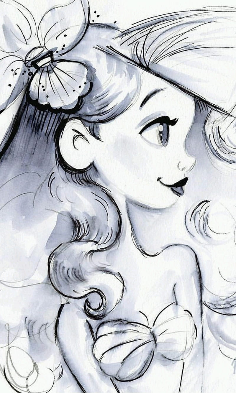 Little mermaid, ariel, blackandwhite, drawing, gorgeus, mermaid, siren, HD phone wallpaper