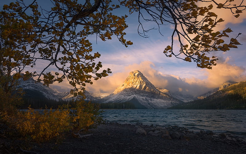 beautiful lake, forest, sunset, mountain landscape, Alberta, USA, mountain lake, Glacier National Park, HD wallpaper