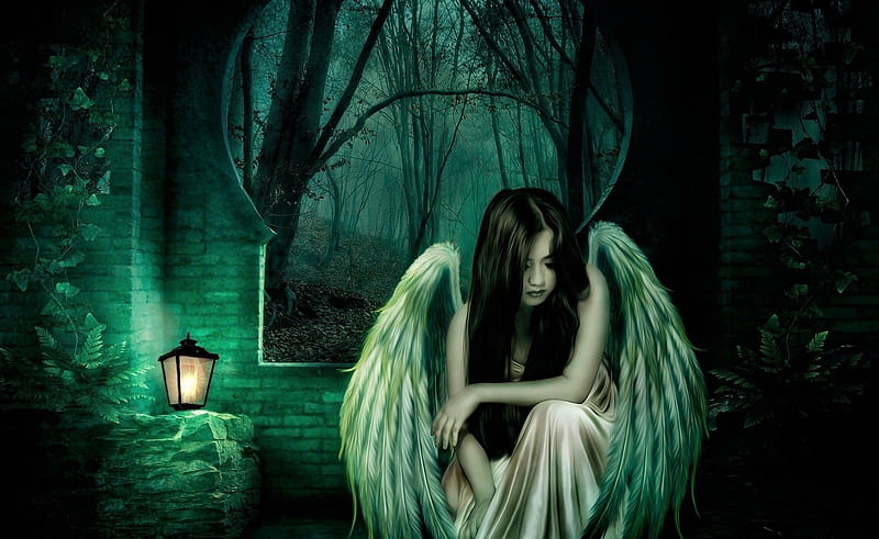 Lonely Angel, fantasy, wings, lantern, angel, dark, sad, gloomy, HD wallpaper