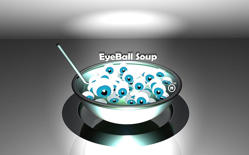 EyeBall Soup Anyone ?? :P, 3d, saucers, spoons, greys, eyeballs, white, bowls, blue, HD wallpaper