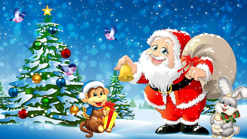 Christmas New Year, 2016, Christmas, forest, feliz navidad, Christmas tree, holiday, New Year, birds, Santa Claus, winter, monkey, snow, bunny, HD wallpaper