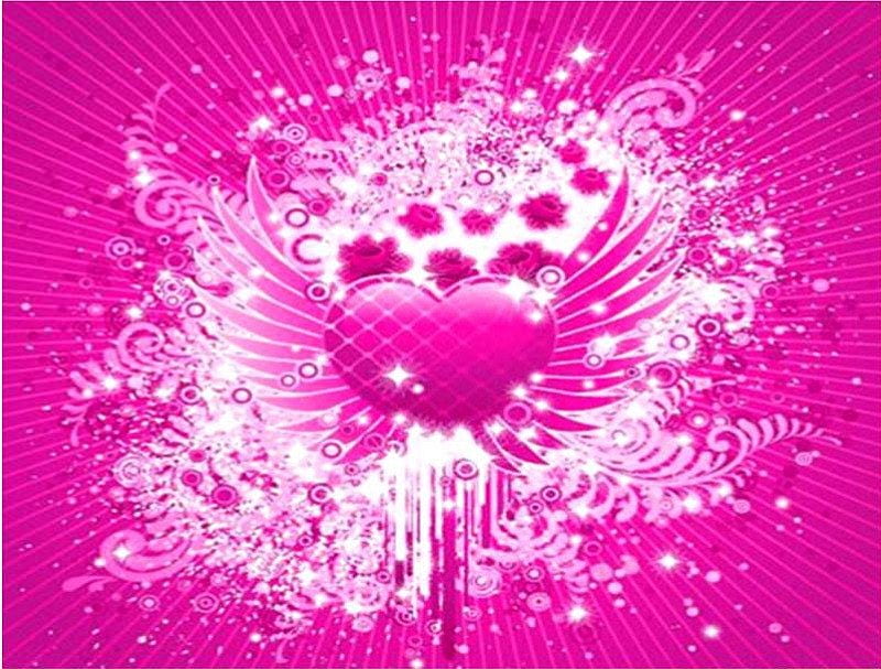 Pink Hearted, wings, love, swirls, roses, pink heart, HD wallpaper