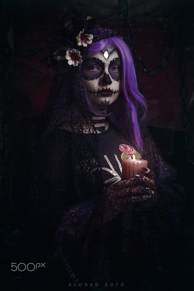 fantasy art, Alonso Soto, fantasy girl, makeup, purple hair, candles, HD phone wallpaper