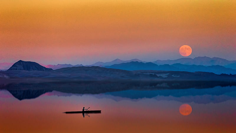 Lake Boat Man Sunset, lake, boat, sunset, artist, artwork, digital-art, HD wallpaper
