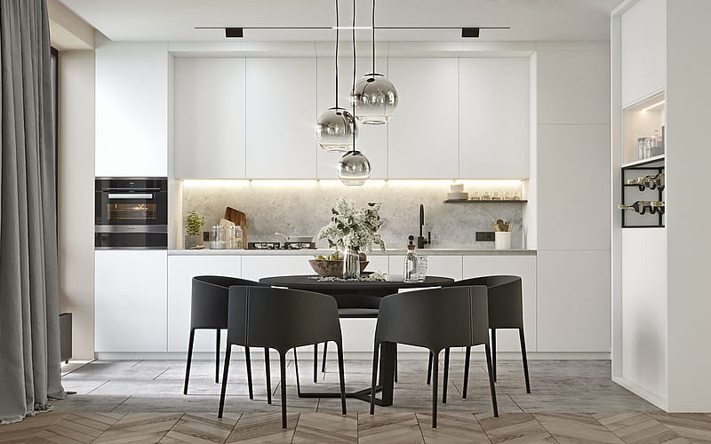 stylish kitchen interior, gray furniture, light gray kitchen, glass balls lamp, modern design interior, dining room, kitchen, HD wallpaper