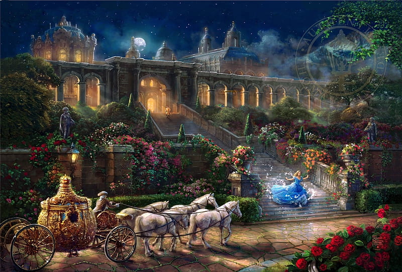 Cinderella, art, luminos, horse, carriage, thomas kinkade, fantasy, painting, pictura, castle, night, HD wallpaper