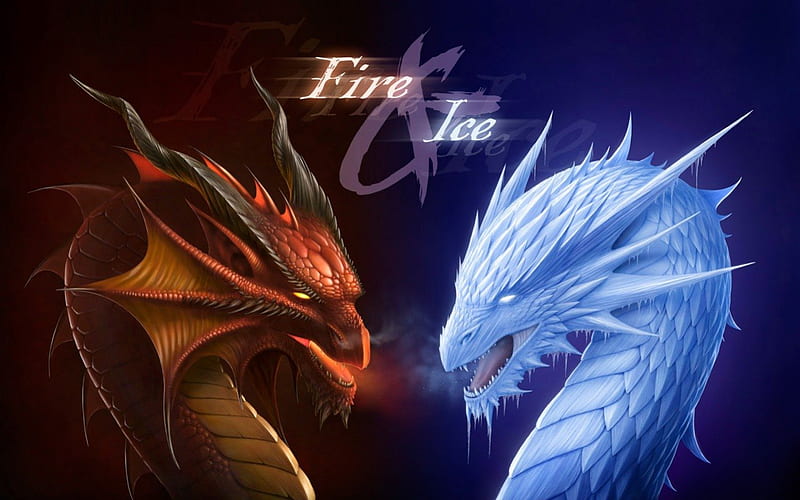 fire vs ice, ice, fire, fantasy, dragons, HD wallpaper