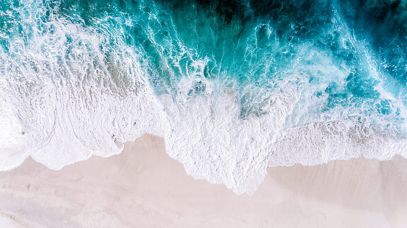 ocean, aerial view, surf, wave, foam, sand, shore, HD wallpaper