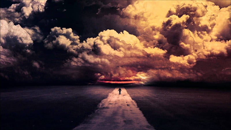 One road, walk way, clouds, light, person, HD wallpaper