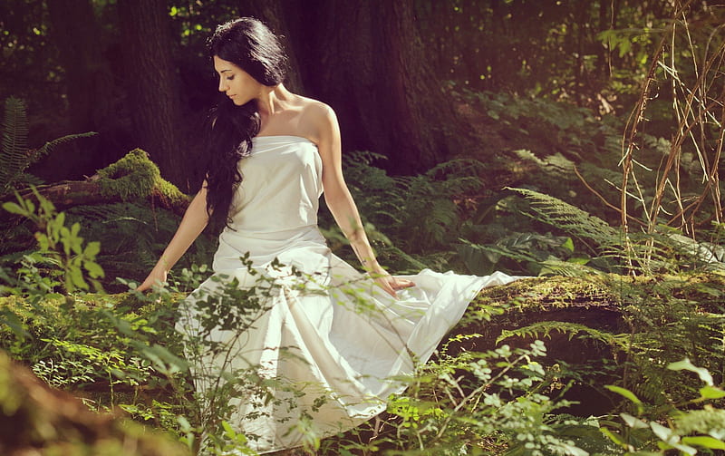 Delicate beauty, forest, hair, sweet girl, beauty, nature, lovely girl, white dress, delicate, HD wallpaper