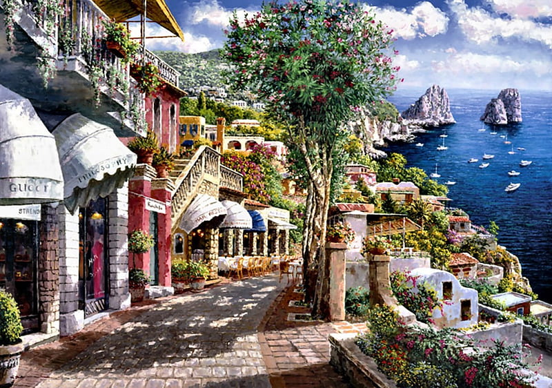 Isle of Capri F2, art, Capri, artwork, painting, shops, wide screen, cobblestone, seascape, scenery, HD wallpaper