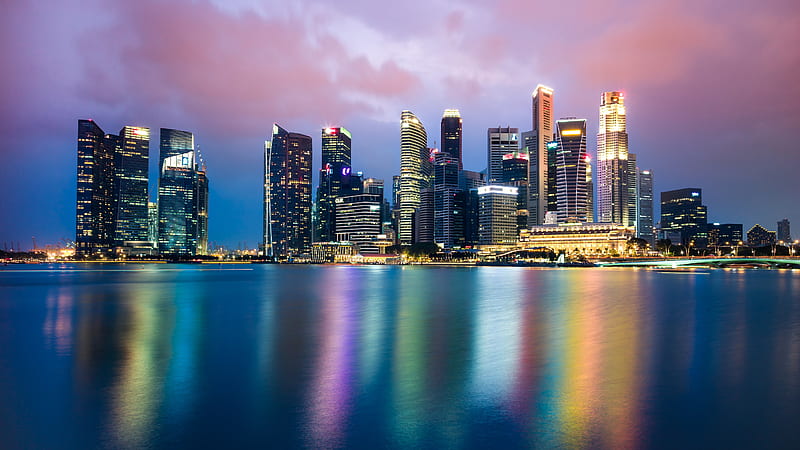 Singapore City Waterscape, End of year tournament, WTA finals locale, 5120x2880, cityscape, colors, Singapore, yellow, lights, water, gold, peach, reflection, pink, blue, HD wallpaper