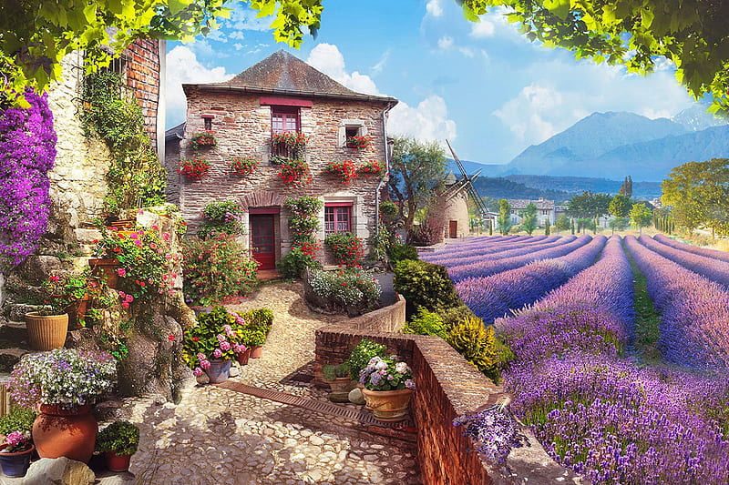 The beauty of Provence, countryside, house, Provence, mill, summer, lavender, bonito, que, HD wallpaper
