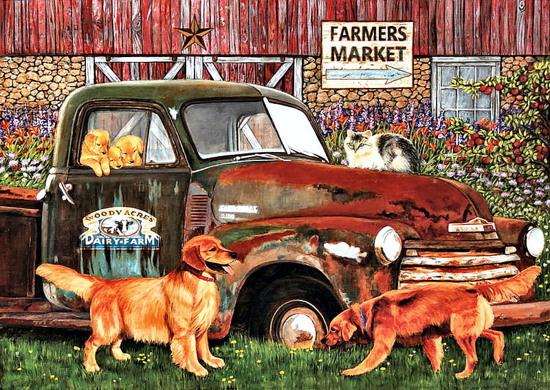 Woody Acres Dairy Farm - Dogs F, golden retrievers, art, bonito, cat, pets, artwork, canine, animal, feline, painting, wide screen, pickup truck, dogs, HD wallpaper