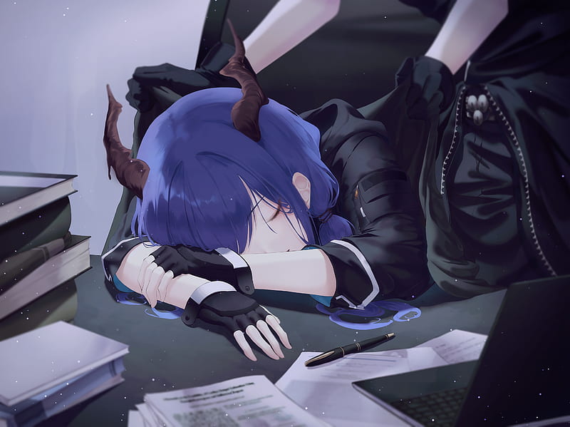arknights, chen, blue hair, horns, sleeping, twintails, anime games, Anime, HD wallpaper