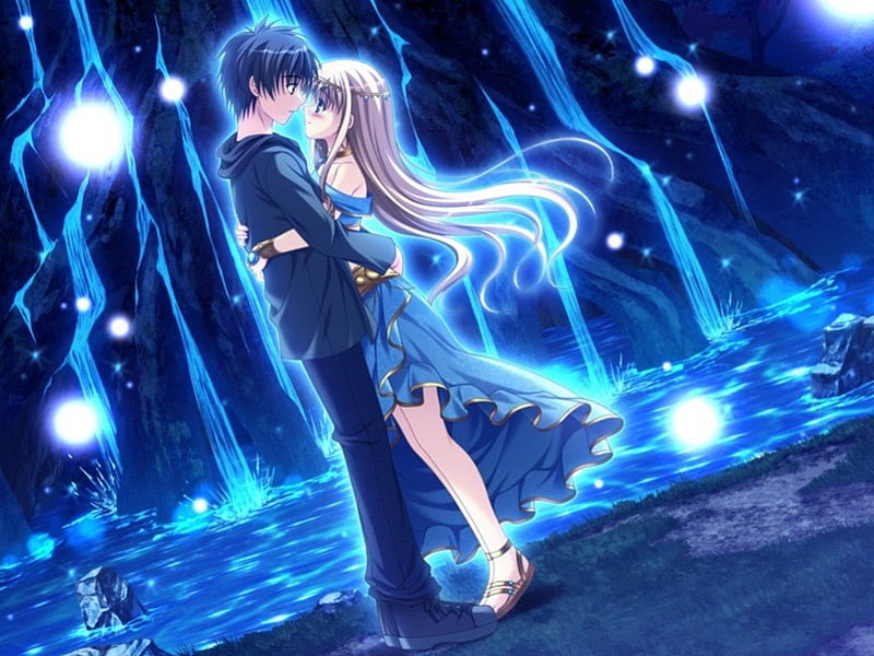 Magical Blue Romance, pretty, dress, guy, bonito, magic, sweet, nice, anime, love, handsome, hot, beauty, anime girl, long hair, couple, light, blue, female, male, lovely, romantic, romance, gown, sexy, hug, cute, boy, girl, lover, HD wallpaper