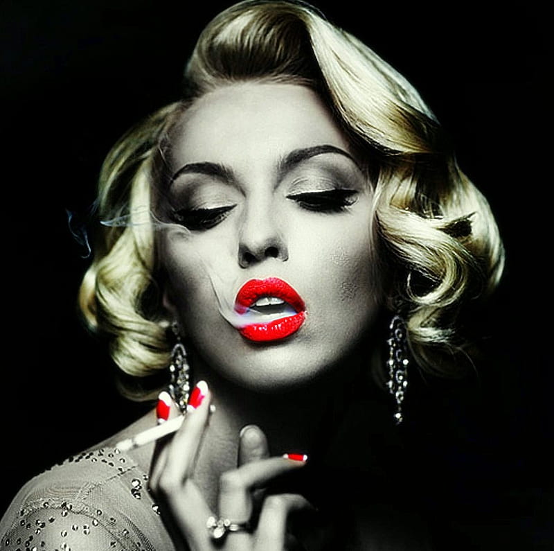 Elegant Woman, female, blond, smoking, zigarre, woman, elegant, red lips, HD wallpaper