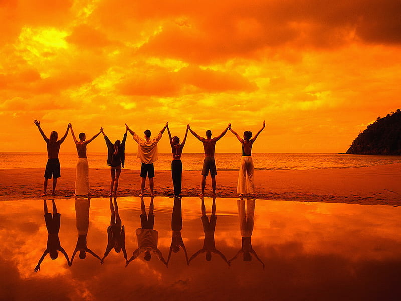 Celebrate the beauty of friendship, beach, sand, water, celebration, sunset, orange and gold sky, friends, HD wallpaper