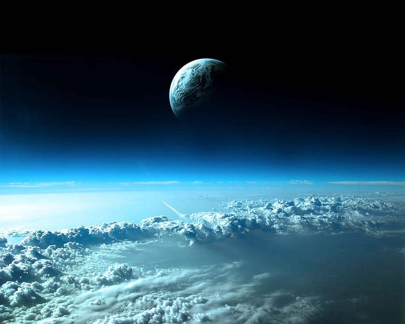 Outer Space, blue, clouds, dark, earth, galaxy, moon, plane, HD wallpaper