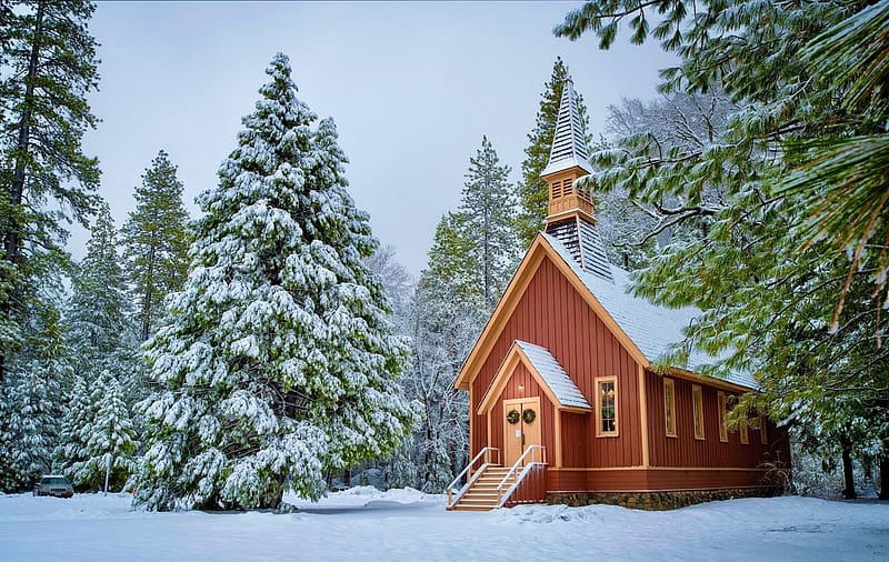 Yosemite valley chapel in winter, winter, national park, chapel, snow, trees, beautiful, Yosemite, serenity, forest, HD wallpaper
