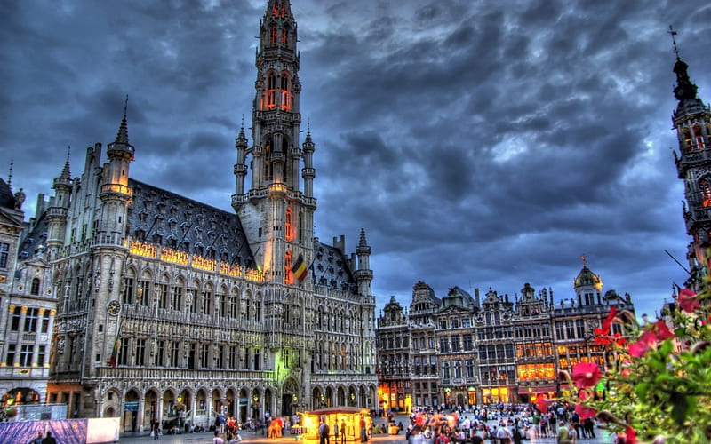 brussels grote market and town hall r, center, city, hall, people, r, market, HD wallpaper